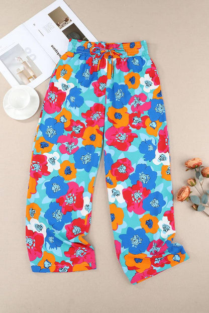 Abstract Floral Print Drawstring Wide Waistband Pants