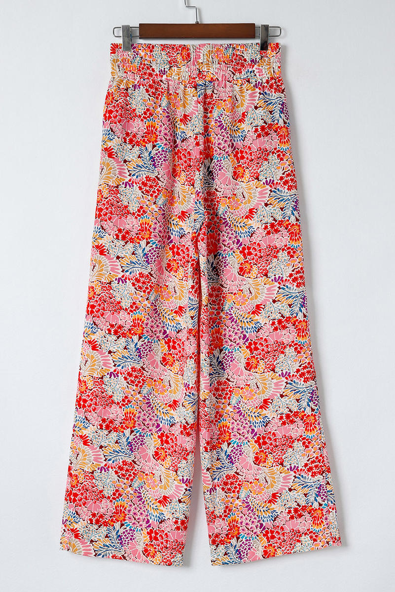 Abstract Floral Smocked High Waist Pants