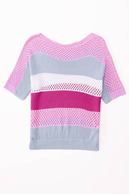 Knitted Eyelet Colorblock Striped Half Sleeves Top