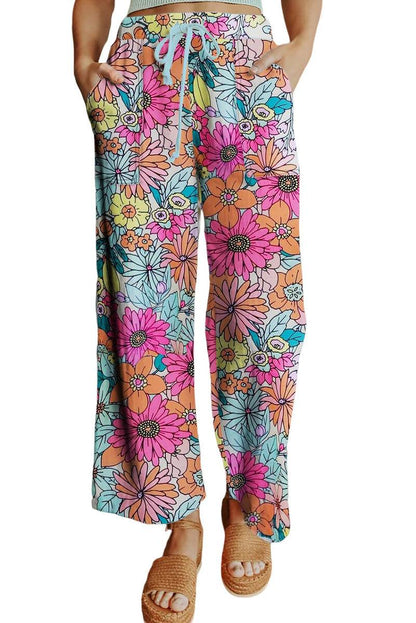 Flower Print Pocketed Drawstring Waist Wide Leg Pants