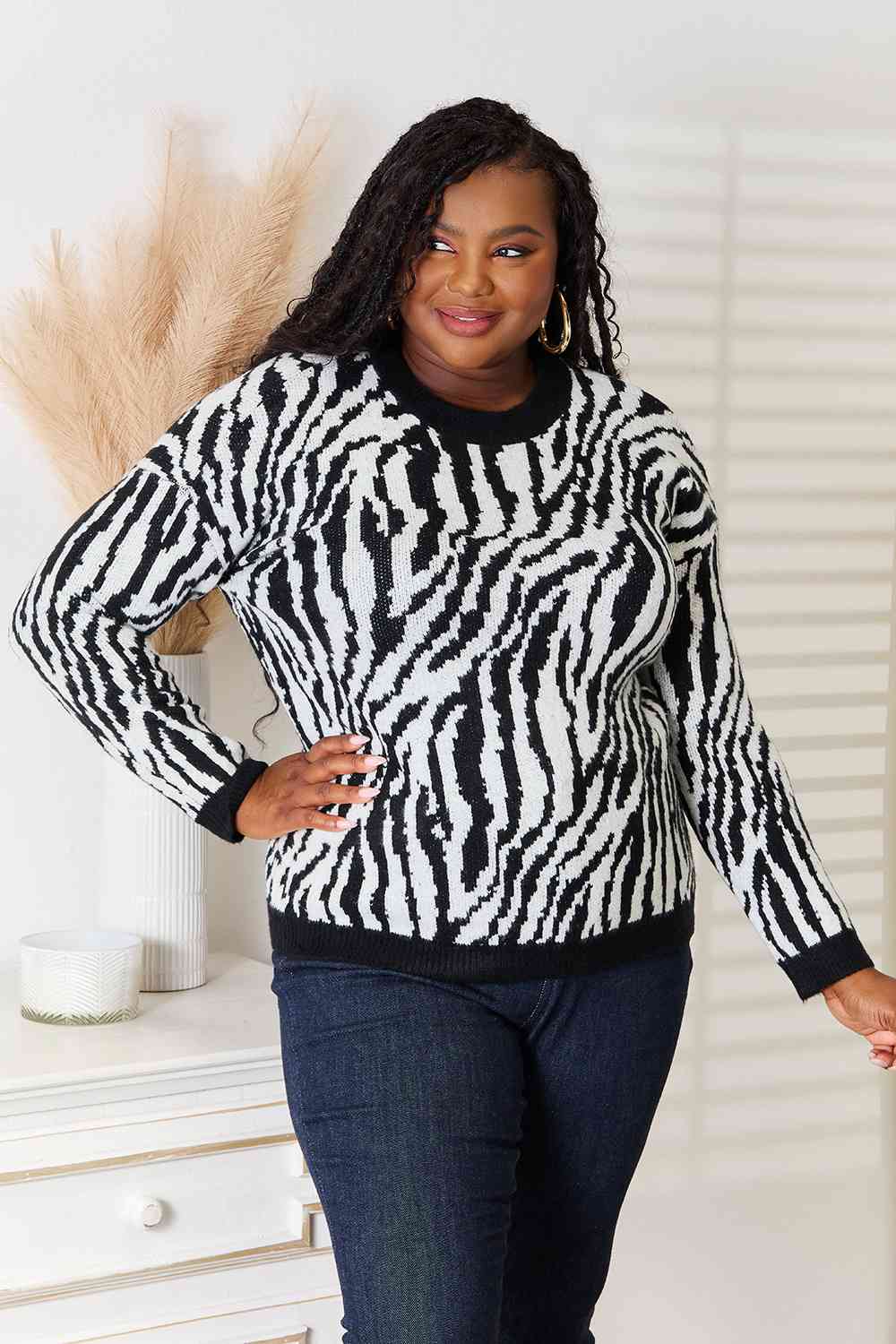 Heimsih Full Size Zebra Print Sweater