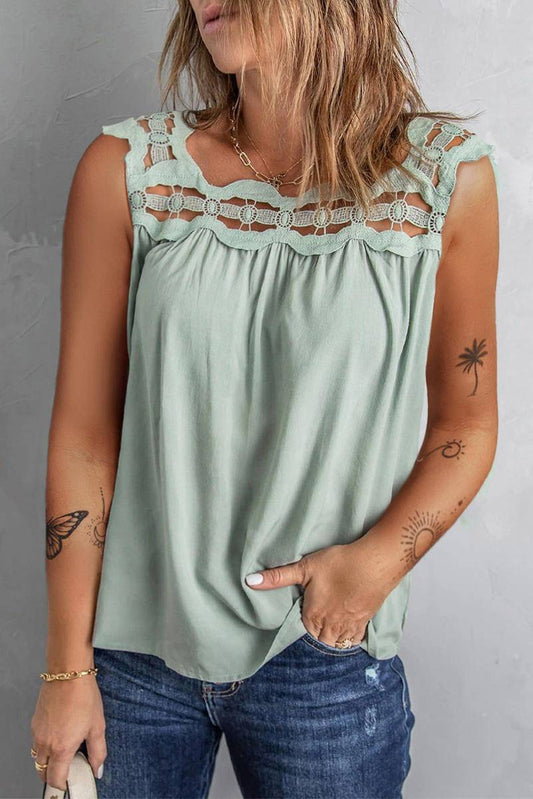 Contrast Lace Ruched Cut-Out Sleeveless Top