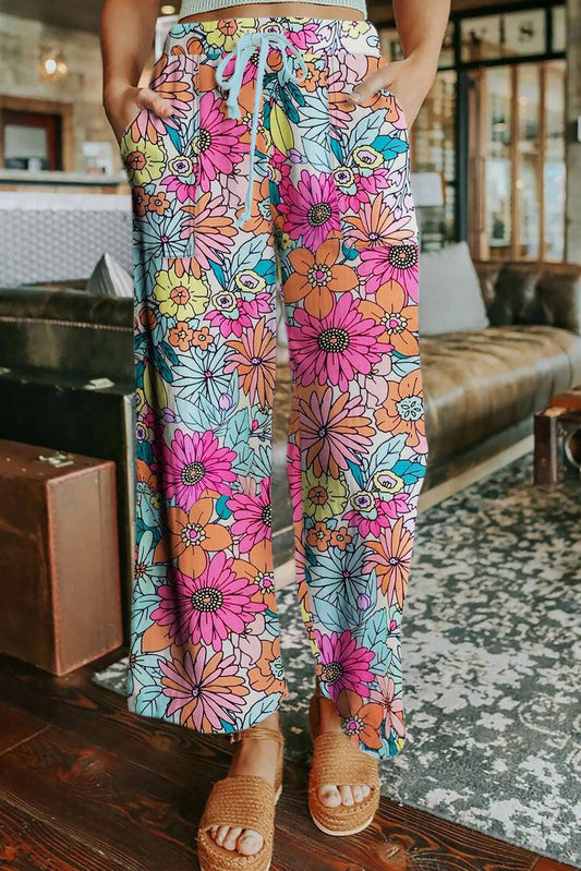 Flower Print Pocketed Drawstring Waist Wide Leg Pants