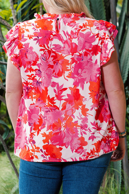 Plus Size Floral Flutter Sleeve Round Neck Blouse