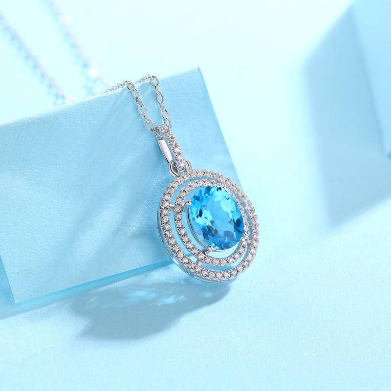 Oval-Shaped 925 Sterling Silver Topaz Pendant Necklace