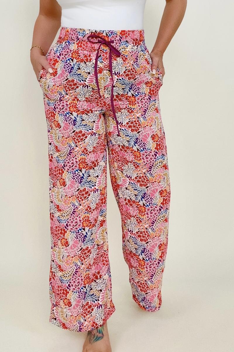 Abstract Floral Smocked High Waist Pants