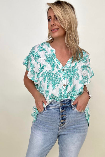 Cozy Co Floral Print Button Down Ruffle Sleeve Top