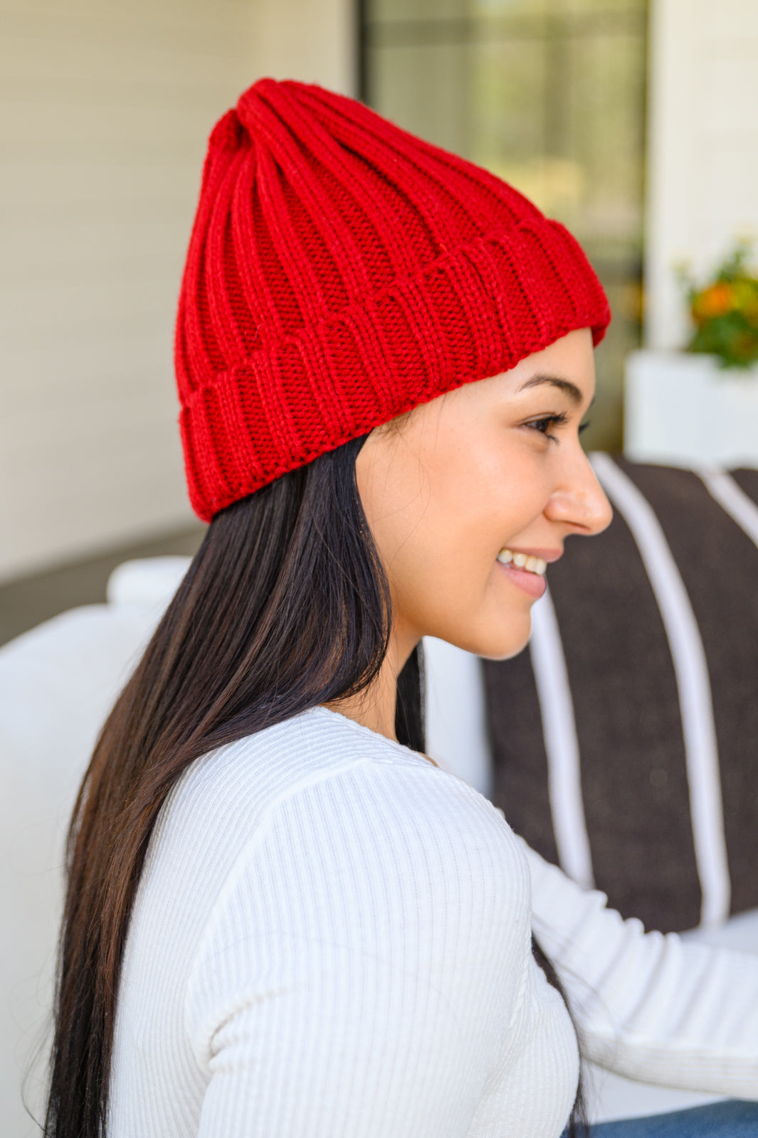 Rib Knit Beanie With Detachable Pom Pom In Wine