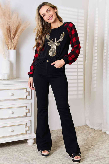 Heimish Full Size Sequin Reindeer Graphic Plaid Top