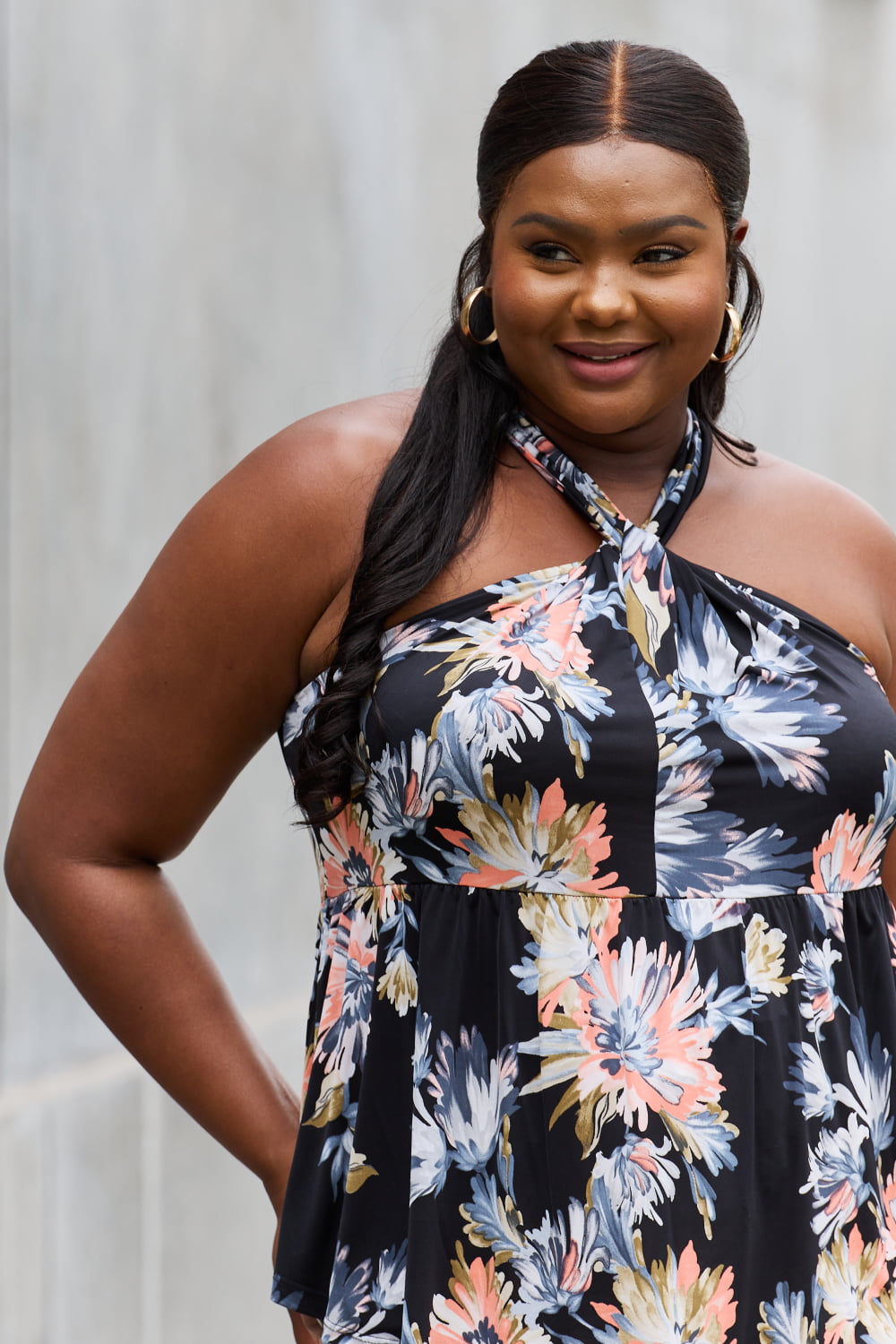 Be Stage Full Size Floral Halter Top in Black