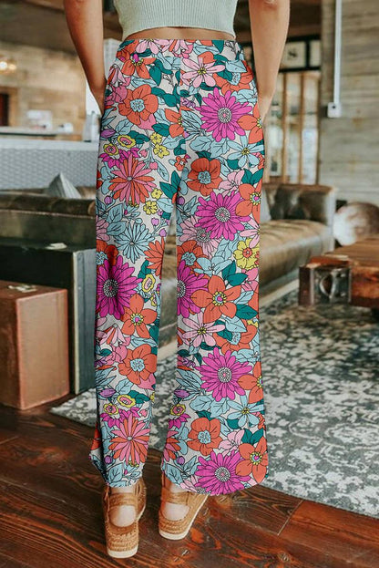 Flower Print Pocketed Drawstring Waist Wide Leg Pants