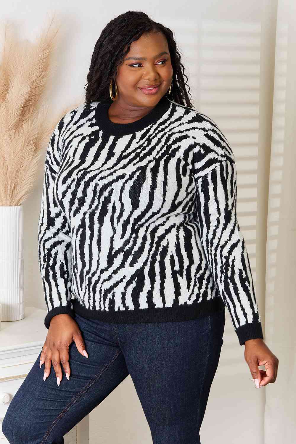 Heimsih Full Size Zebra Print Sweater